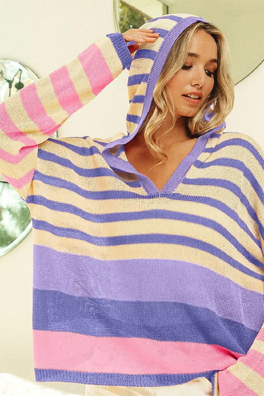 Crazy Deals Striped Color Block  Hooded Knit Top