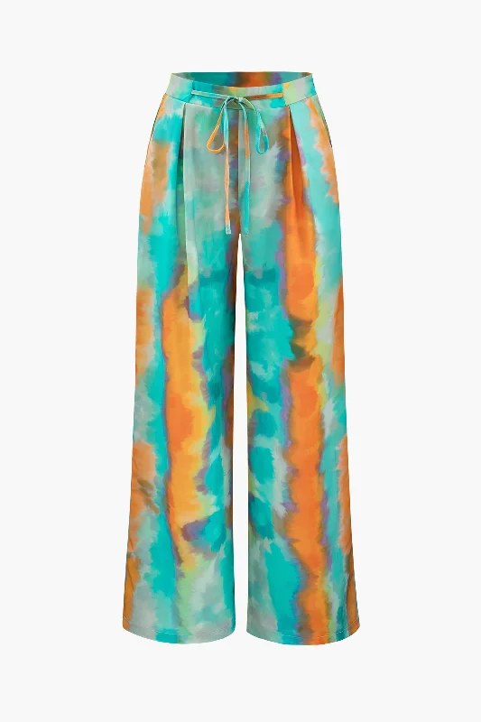 Bonus Savings Abstract Print Satin Tie Waist Wide Leg Pants
