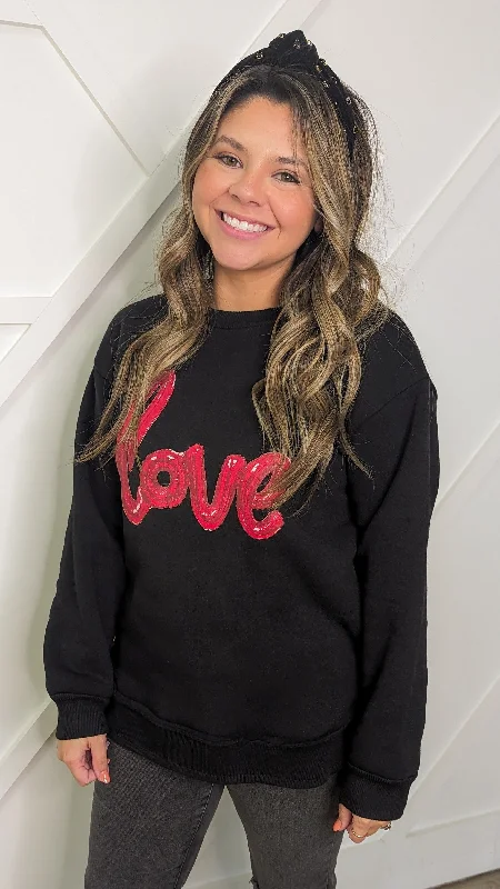 Super Bargain LOVE on Black French Terry Sweatshirt With Ribbed Knit