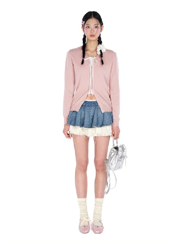 Quick Deals COLLEGE STYLE BOW WHEAT CREST V-NECK CARDIGAN [S0000008677]