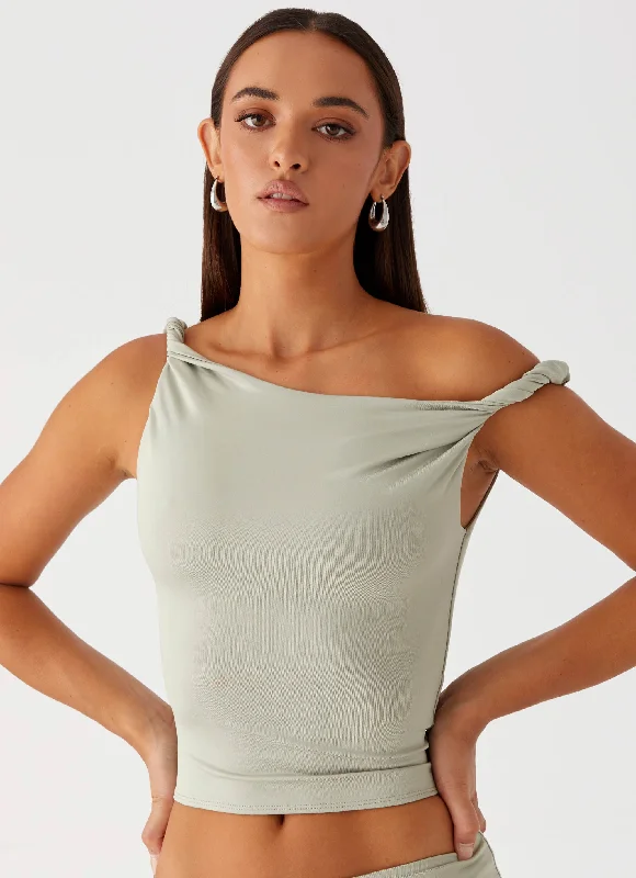 Weekend Savings Bonanza Solace Soul Twist Shoulder Top - Sage