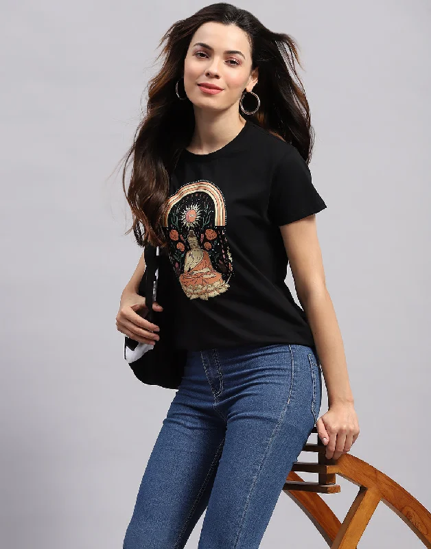 Buy Today Women Black Printed Round Neck Half Sleeve Top