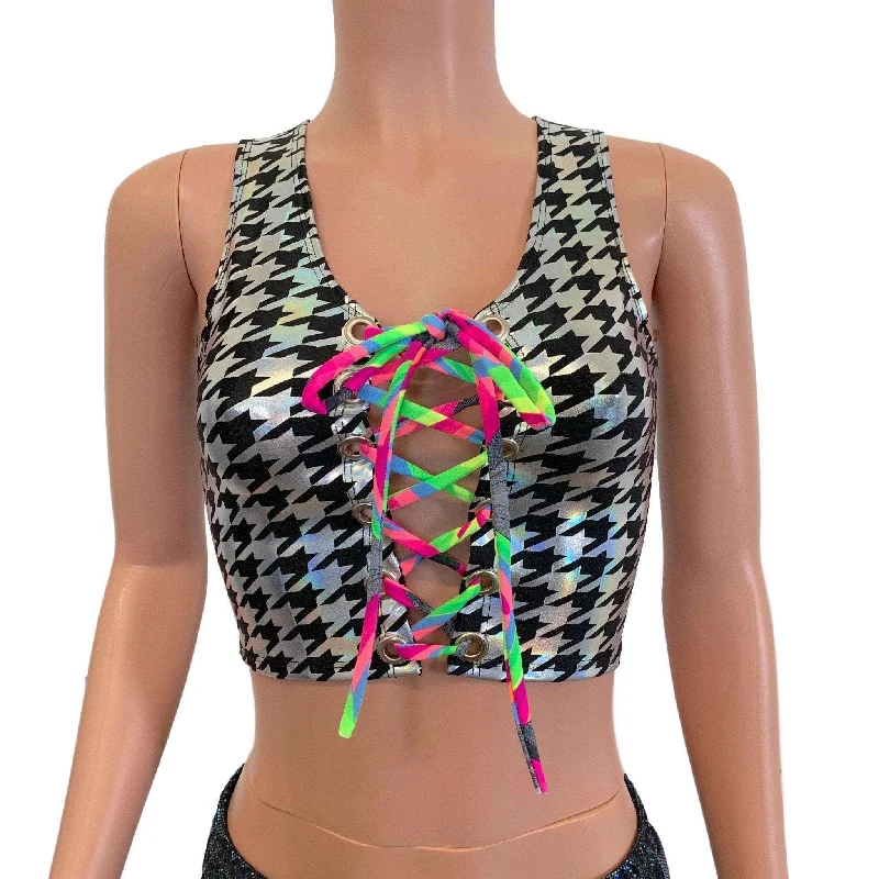 Daily Deals SALE - SMALL ONLY - Lace-Up Crop Tank Top - Houndstooth Holo & Neon