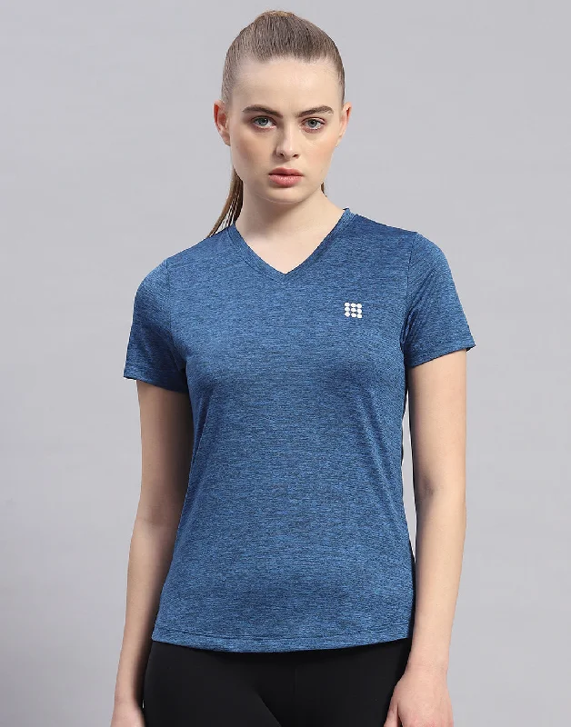 Don't Miss Women Navy Blue Solid V Neck Half Sleeve Top
