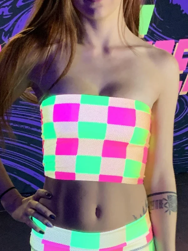 Savings Bonanza Neon Yellow & Pink Plaid Tube Top