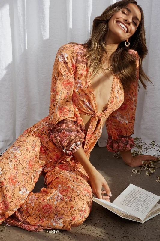 Best Bargains Novo Long Sleeve Tied Front Crop Top Bohemian Print Orange