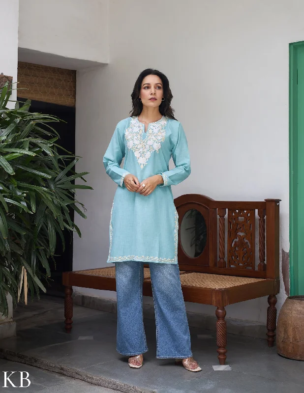 Don't Wait Nigeen Kashmiri Aari Sky Blue Kurti