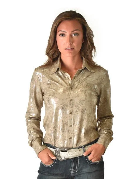 Weekend Savings Galore Cowgirl Tuff Womens Metallic Snakeskin Tan Polyester L/S Shirt