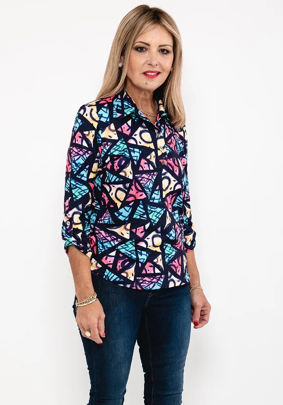 Weekend Specials to Savor Leon Collection Abstract Triangle Print Top, Navy Multi