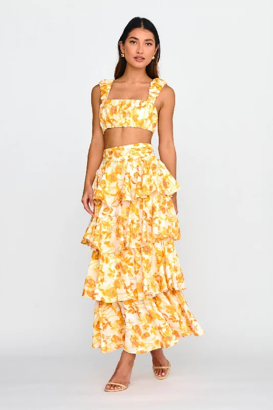 Discount Mania Suenito Tiered Frill Maxi Skirt Floral Orange