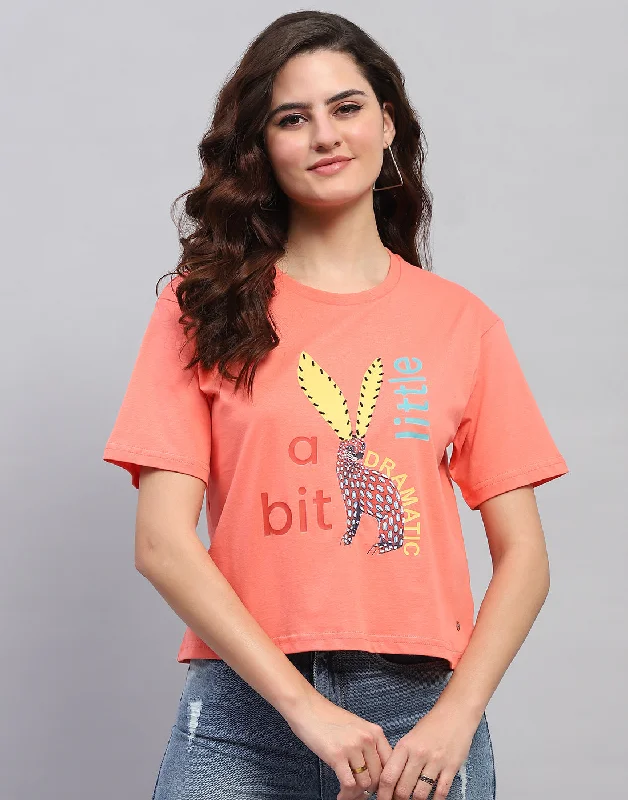 Seasonal Sale Women Coral Printed Round Neck Half Sleeve Top