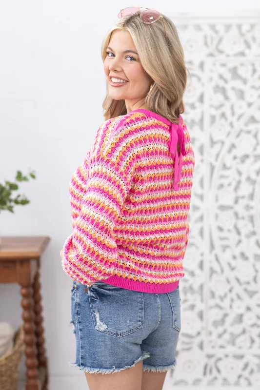 Special Promotion Pink Multicolor Stripe Knit Pullover Sweater