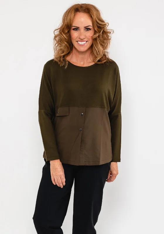 Overstock Ever Sassy Contrast Half Top, Olive Green