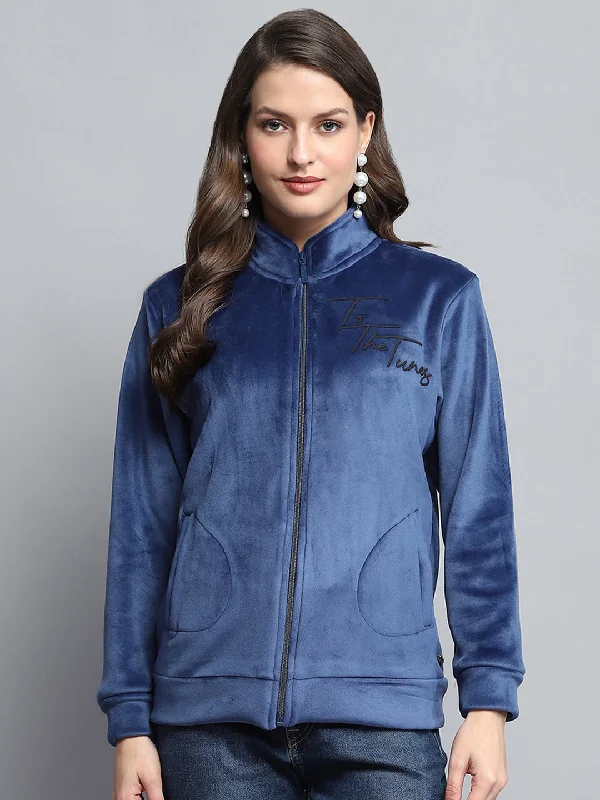Inventory Reduction Women Blue Printed Mock Neck Full Sleeve Sweatshirt