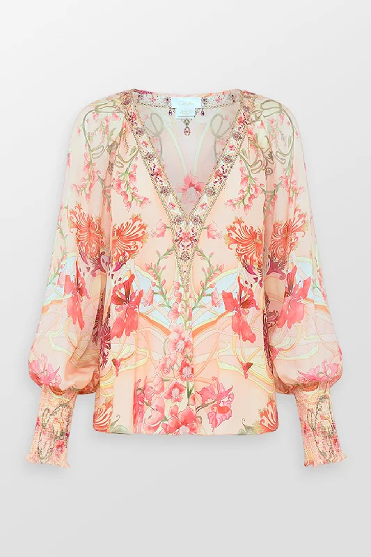 Steals and Deals Shirred Cuff Floral Blouse