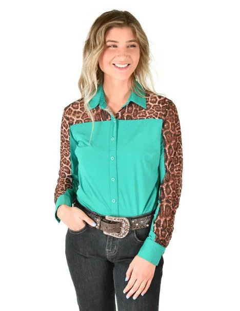 Weekend Bargains Galore Cowgirl Tuff Womens Sheer Leopard Turquoise Poly/Spandex L/S Shirt