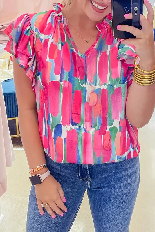 Exclusive Offers Rose Abstract Print Ruffled Short Sleeve Frill V Neck Blouse