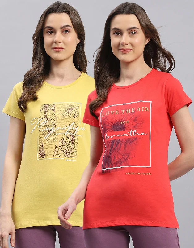 Discount Days Women Red & Yellow Printed Round Neck Half Sleeve Top 2 Pc Set