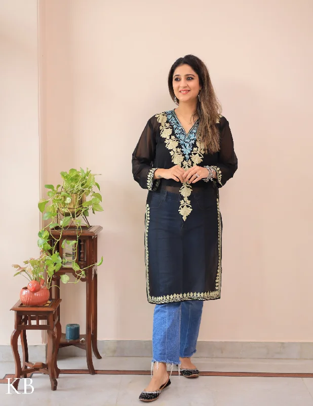 Weekend Discounts to Snag Black Lotus Vine Aari Embroidery Georgette Kurti