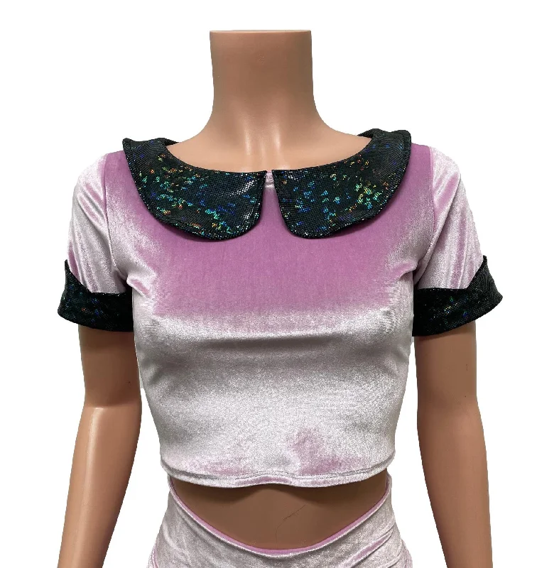 Weekend Price Cuts Galore Lilac Velvet Petal Collared Crop Top