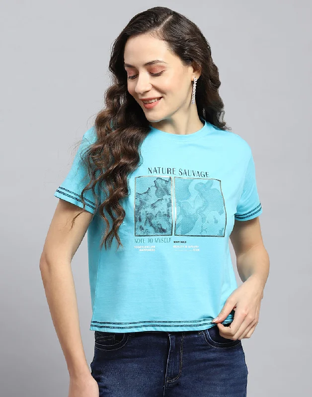 Savings Event Women Turquoise Blue Printed Round Neck Half Sleeve Top