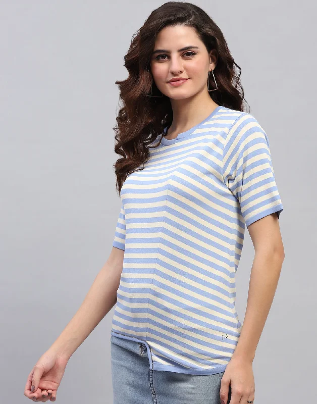 Doorbuster Deal Women Sky Blue Stripe Round Neck Half Sleeve Top