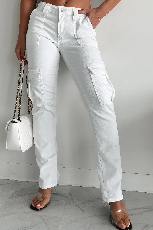Mega Sale Cool Ambition Mid Rise Straight Leg Cargo Jeans (White)