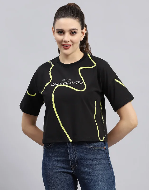 Unbeatable Prices Women Black Printed Round Neck Half Sleeve Top