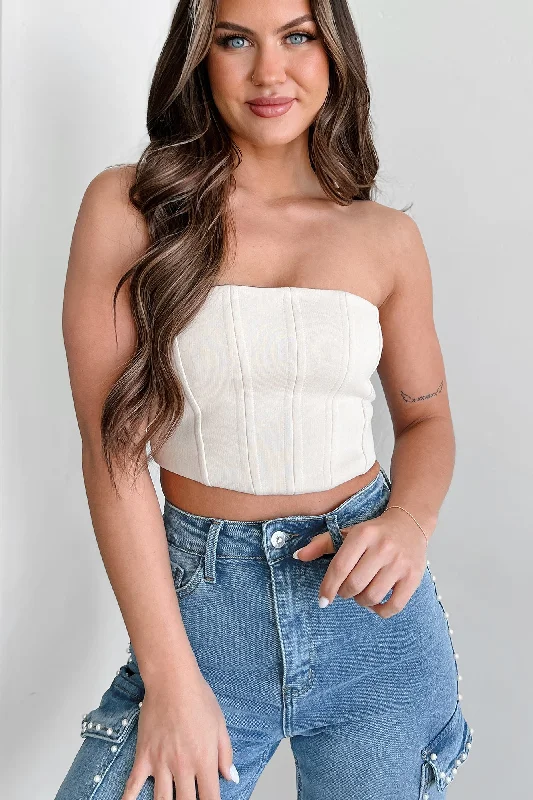 Mega Discount Playing The Player Strapless Lace-Up Crop Corset Top (Ecru)