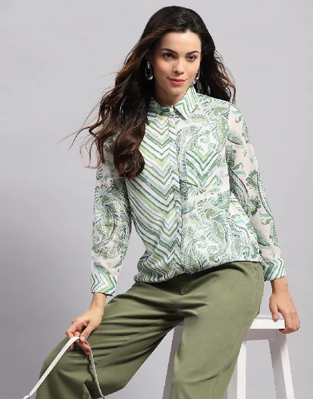 Super Bargain Women Green Printed Collar Full Sleeve Top