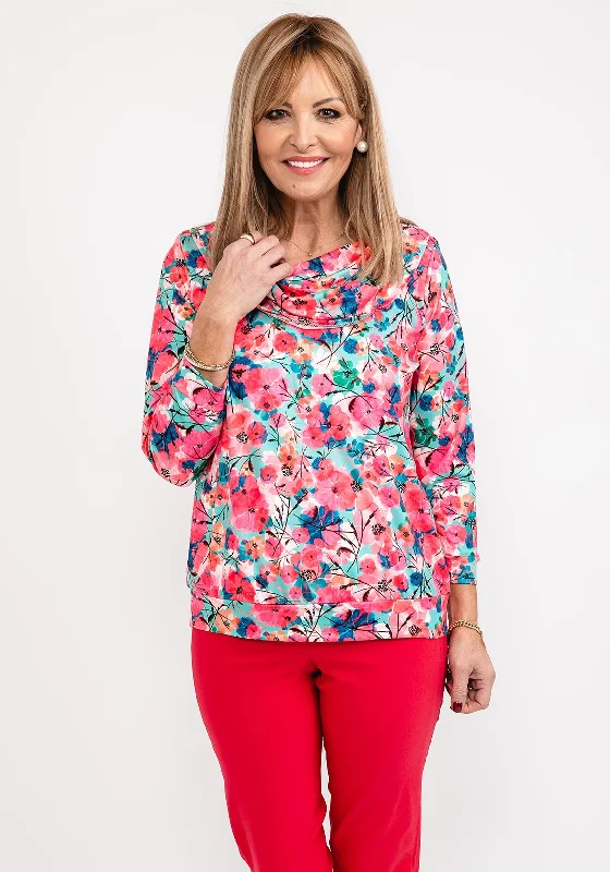 Weekend Discounts to Indulge In Leon Collection Floral Cowl Neck Top, Fuchsia Multi