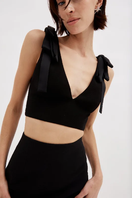 Epic Deals Plunge Black V Top with Bow Detail