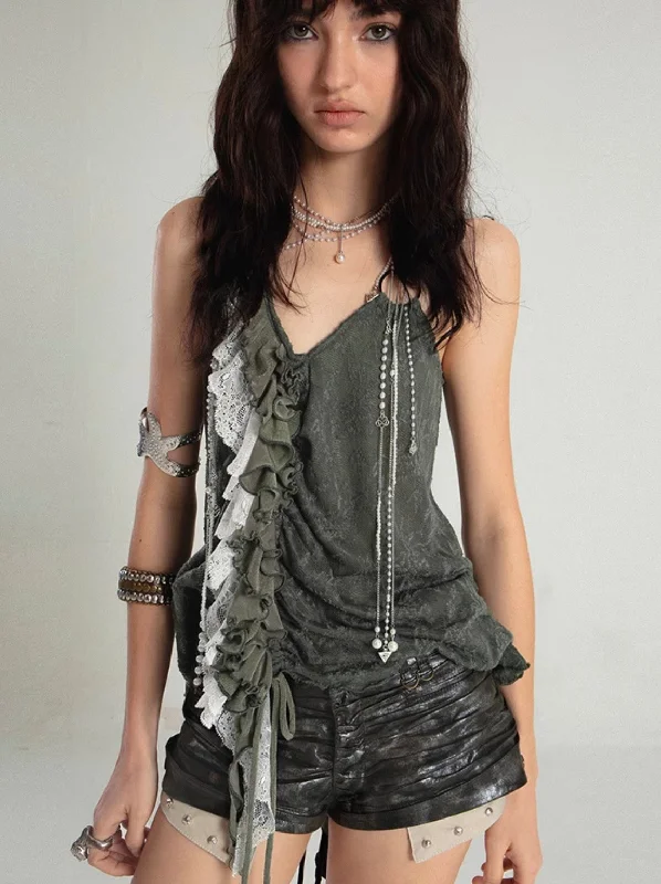Extra Discount SpliceD Ruffle Lace Dark JACQUARD CAMISOLE TANK TOP [S0000008477]
