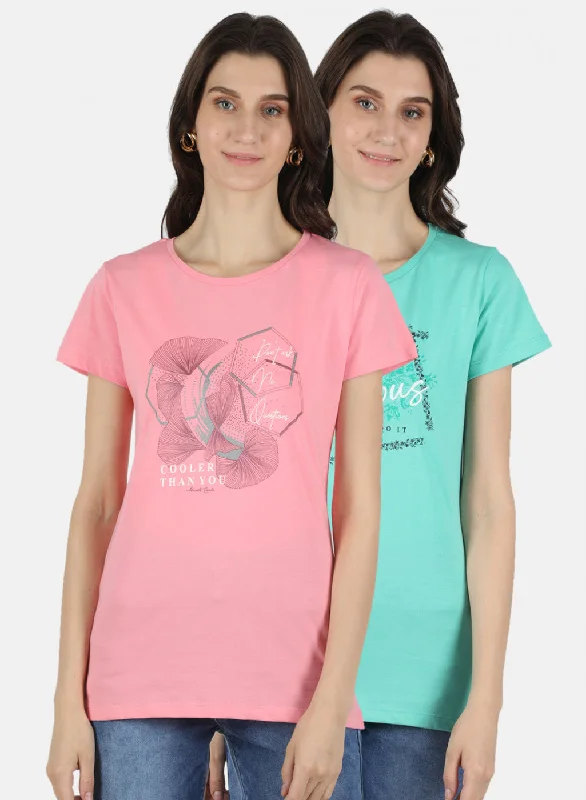 Huge Savings Women Pink & Sea Green Printed Top 2 PCs