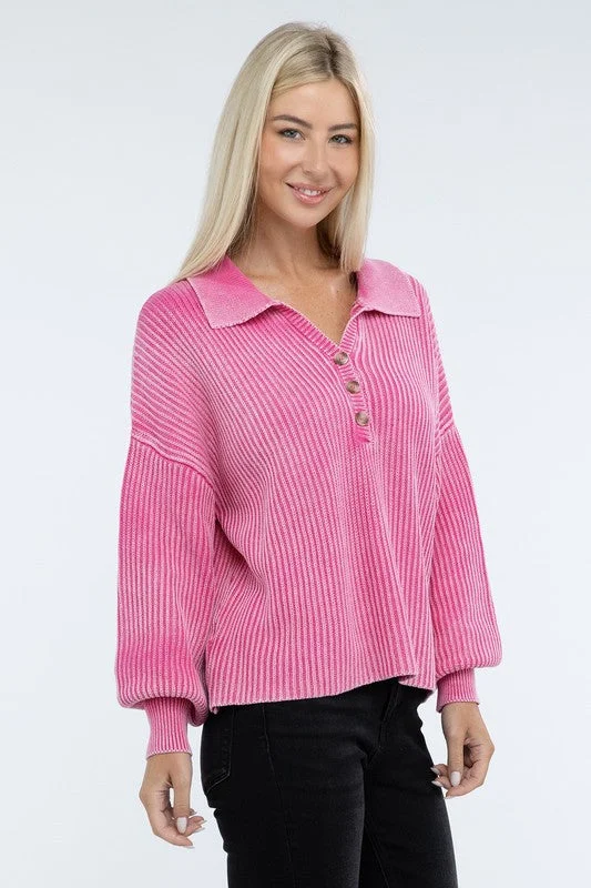 Massive Savings Washed Collared Henley Sweater