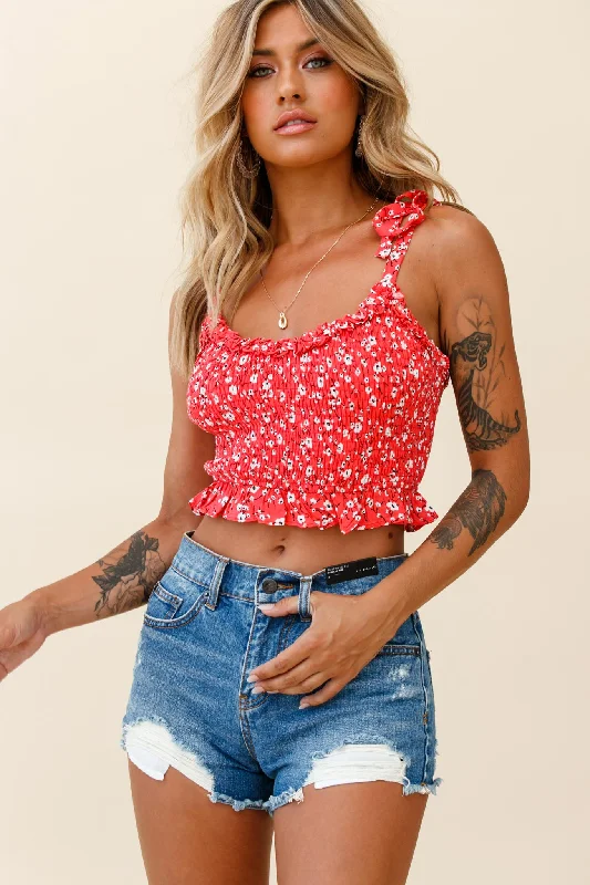 Season Finale Sale Daisy Chain Tied Shoulder Shirred Crop Top Floral Print Red