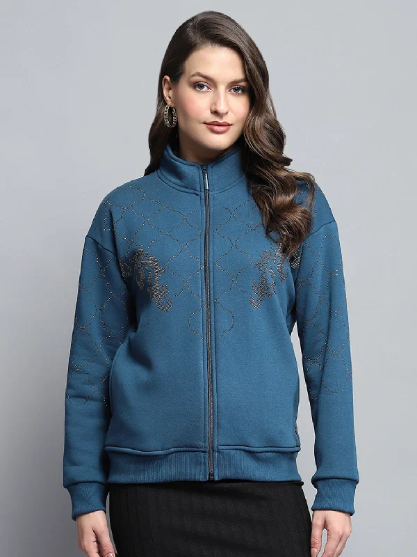 Deal Mania Women Teal Blue Printed Mock Neck Full Sleeve Sweatshirt