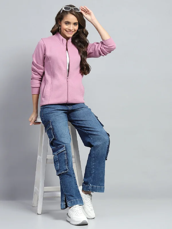 Deal Alert Women Pink Solid Mock Neck Full Sleeve Sweatshirt