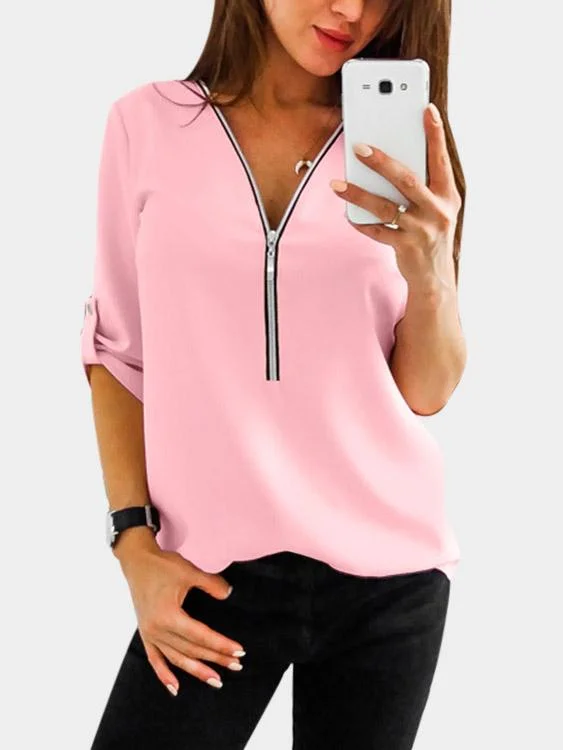 Low Prices OEM ODM V-Neck Zip Back Long Sleeve Curved Hem Pink T-Shirts