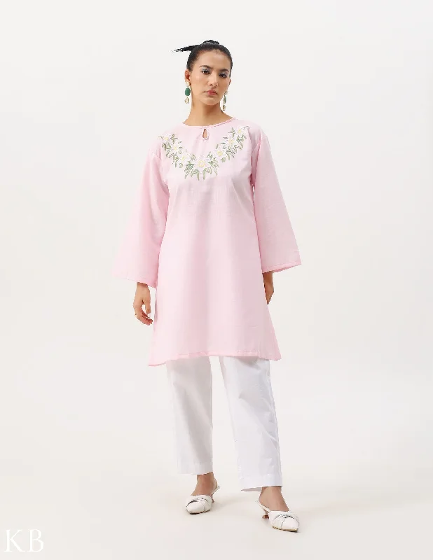 Deep Savings Yemberzal Artisanal Aari Pastel Pink Boxy Fit Cotton Tunic
