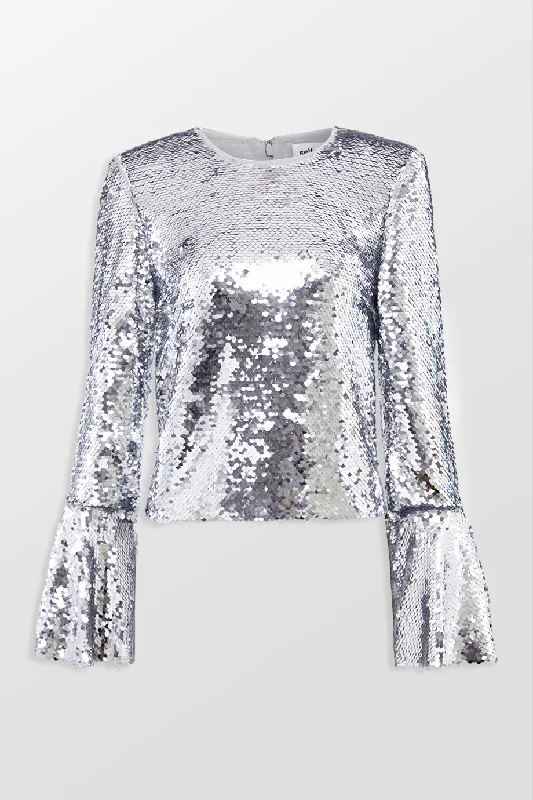 Weekend Offers That Shine Silver Sequin Flared Sleeve Top