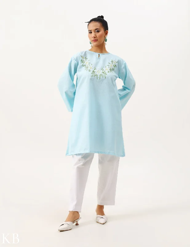 Fantastic Savings Yemberzal Artisanal Aari Fresh Air Blue Boxy Fit Cotton Tunic