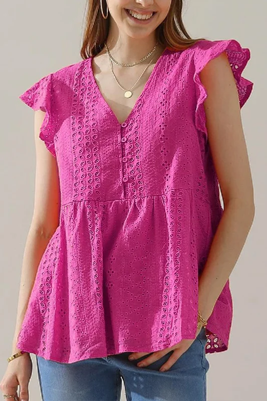 Unmissable Sale V NECK PUNCHING LACE RUFFLED TUNIC TOP