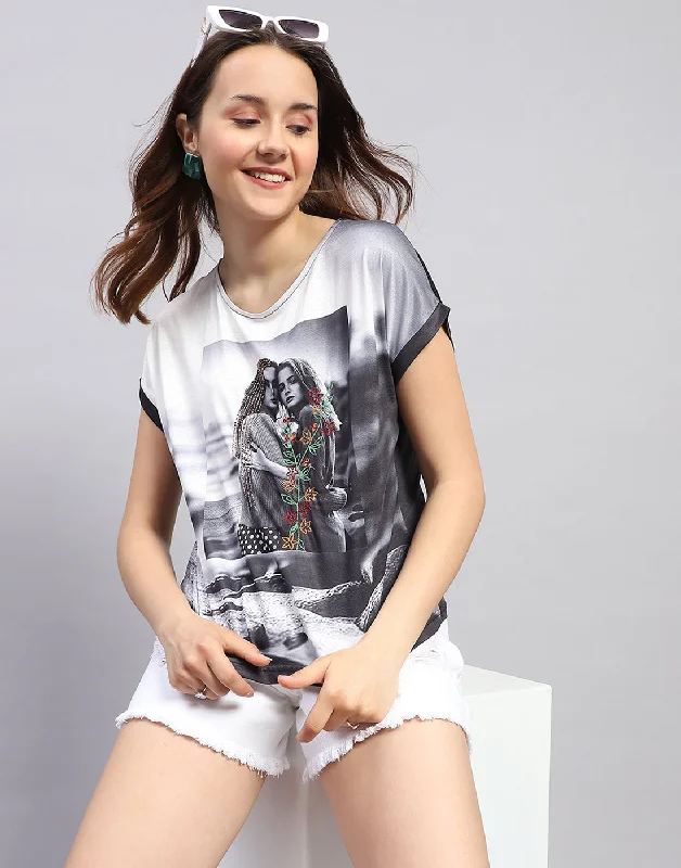 The Best Prices Women Black Printed Round Neck Half Sleeve Top