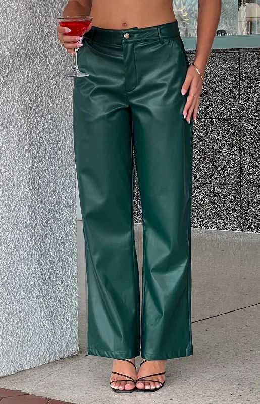 Weekend Specials to Cherish Cool Shade Forest Green PU Pants