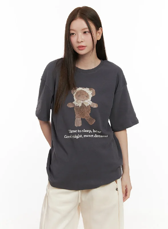 Price Reduction Lace Detail Graphic Bear Tee OD412