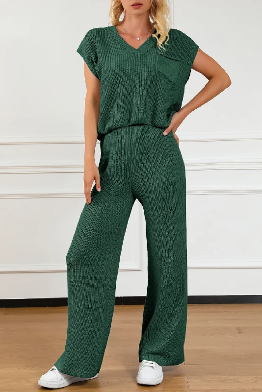 Weekend Deals That Sparkle Pocketed V-Neck Top and Wide Leg Sweater Set