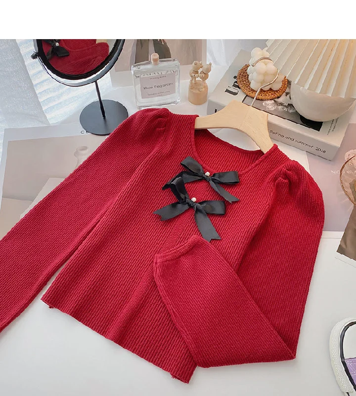 Shop and Save Bow Vintage French sweater slim long sleeve top  6628