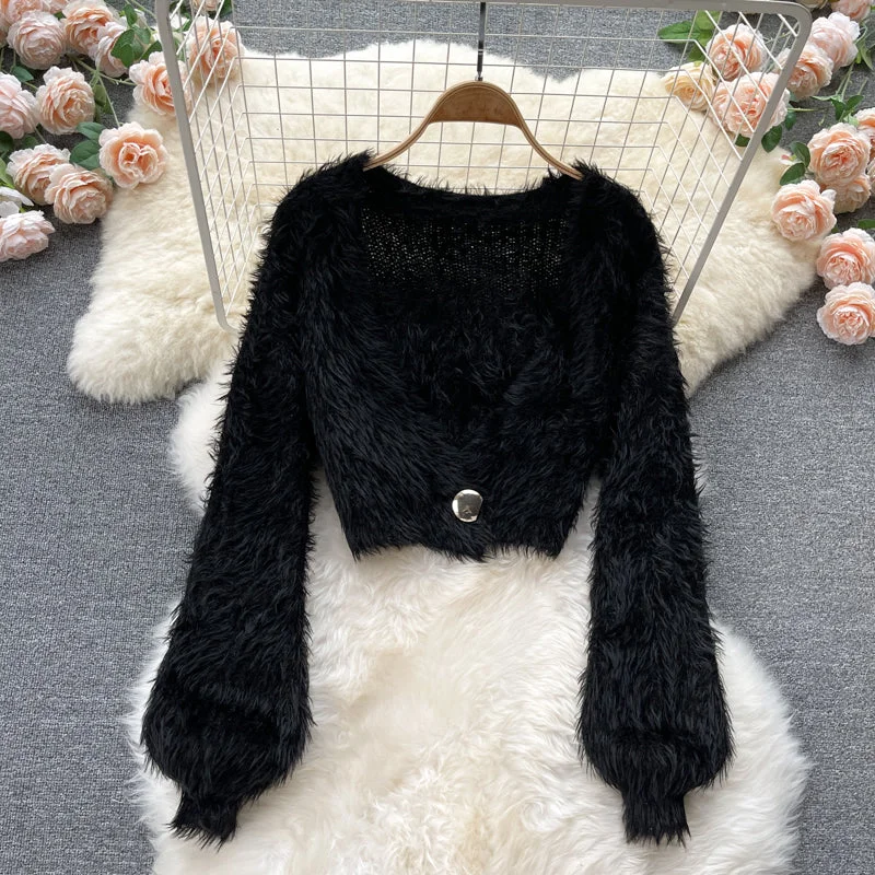 Reduced Price Short Mohair cardigan women's Plush sweater coat     S2543