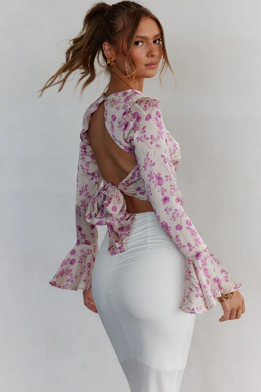 Clearance Items Adalia Long Sleeve Tied Top Floral Champagne